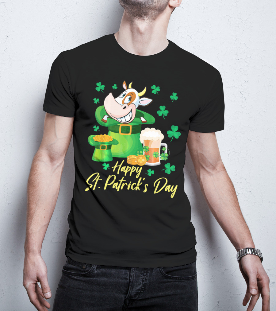 Happy St. Patrick's Day Cow Dancing In Leprechaun Hat With Gold Coins And Beer T-Shirt