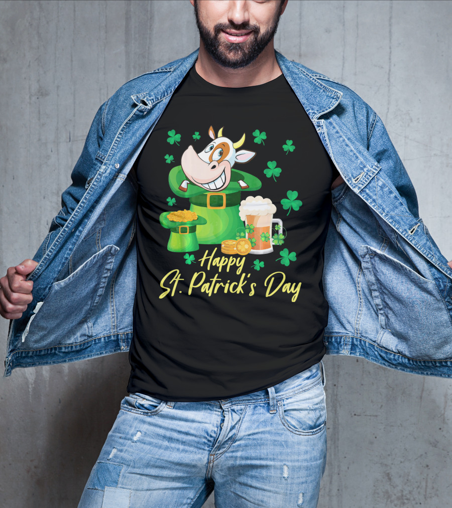 Happy St. Patrick's Day Cow Dancing In Leprechaun Hat With Gold Coins And Beer T-Shirt