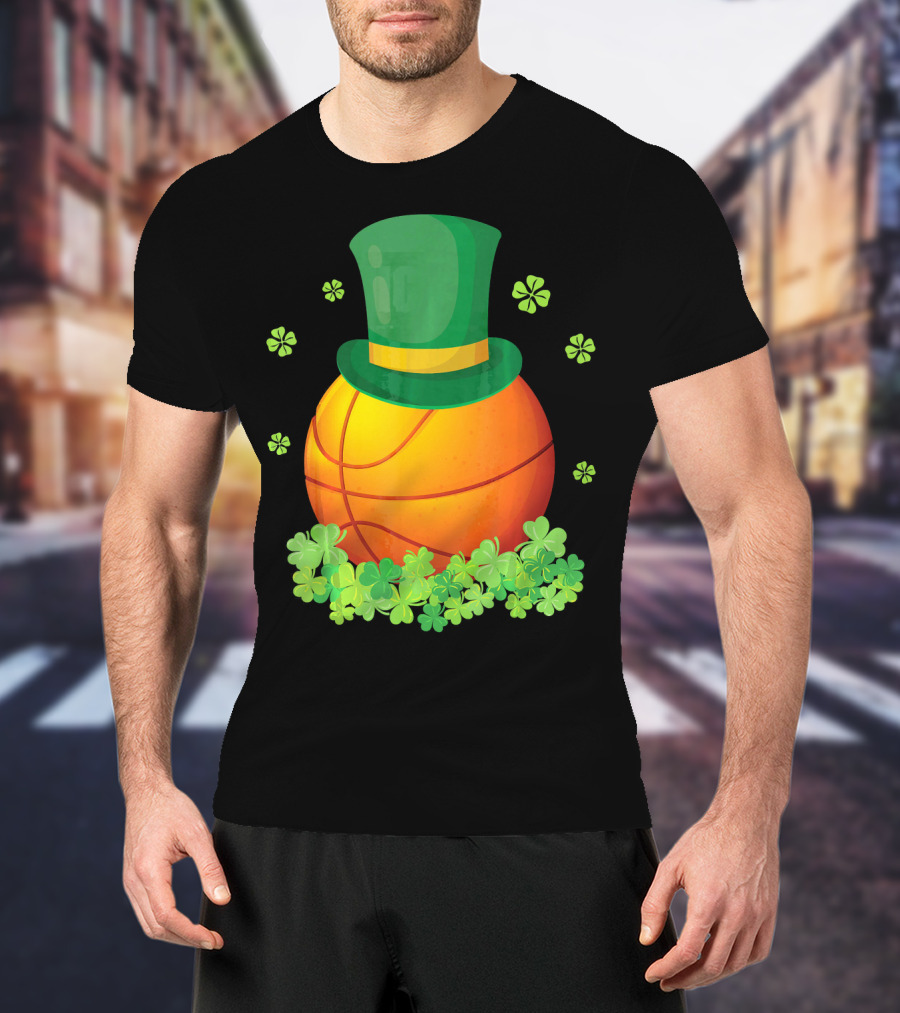 Basketball With Leprechaun Hat And Shamrocks Playing Around T-Shirt