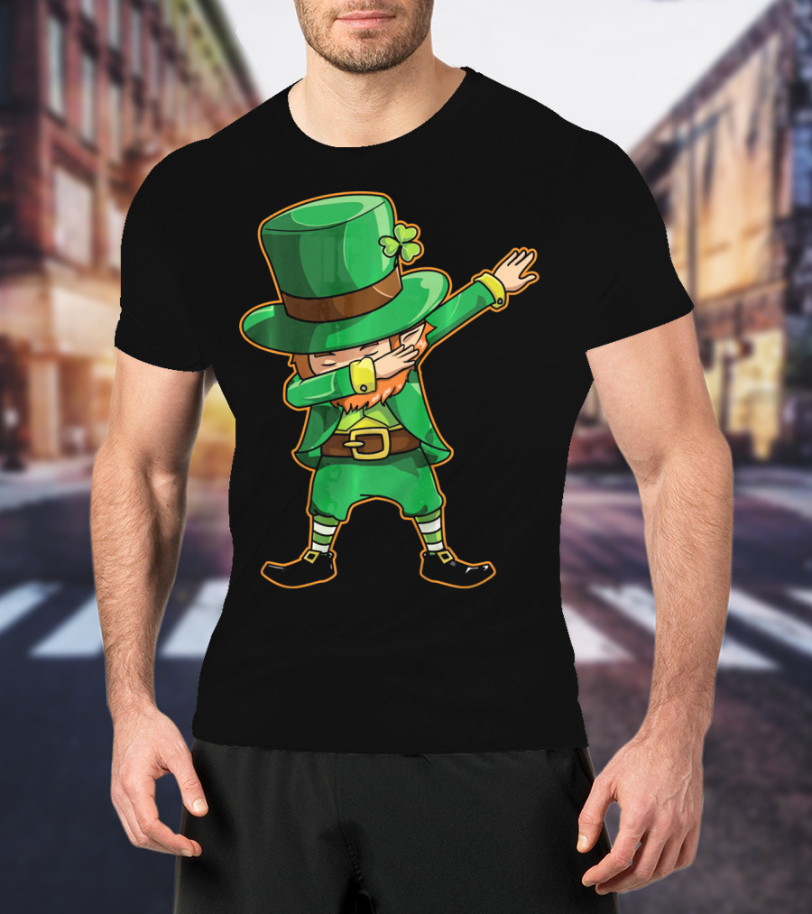 Funny Leprechaun Dabbing Dance Icon In Green Outfit And Hat T-Shirt