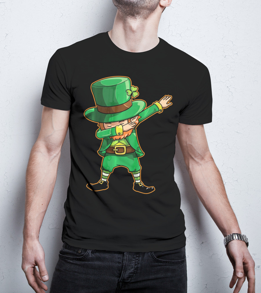 Funny Leprechaun Dabbing Dance Icon In Green Outfit And Hat T-Shirt