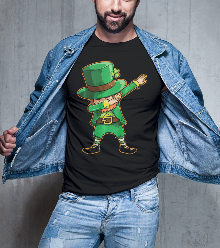 Funny Leprechaun Dabbing Dance Icon In Green Outfit And Hat T-Shirt