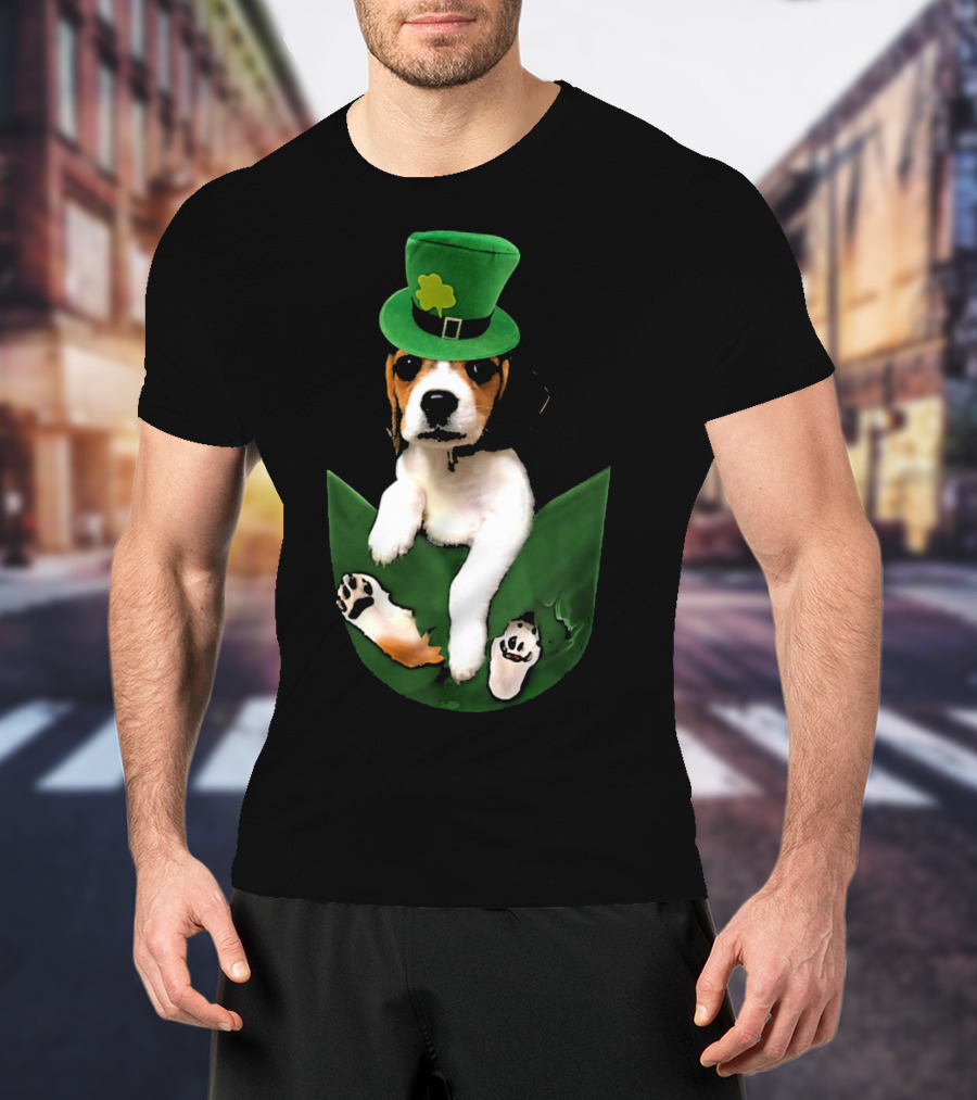 Beagle In Green Pocket With St Patrick's Hat And Shamrock T-Shirt