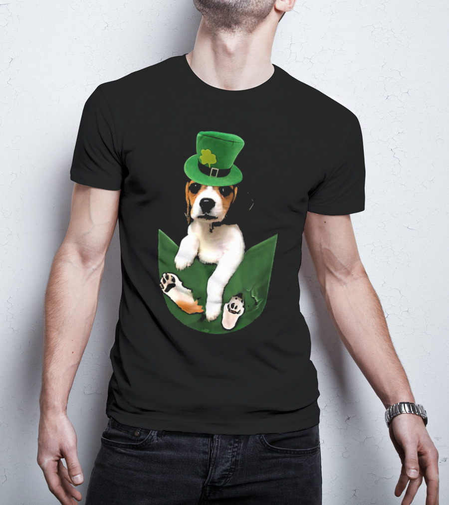 Beagle In Green Pocket With St Patrick's Hat And Shamrock T-Shirt