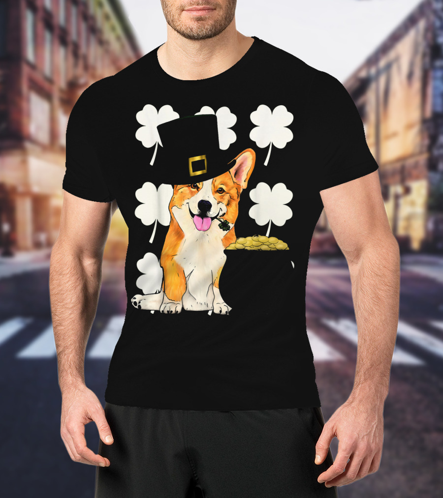 Irish Corgi St. Patricks Day Clover Leprechaun Hat And Pot Of Gold T-Shirt