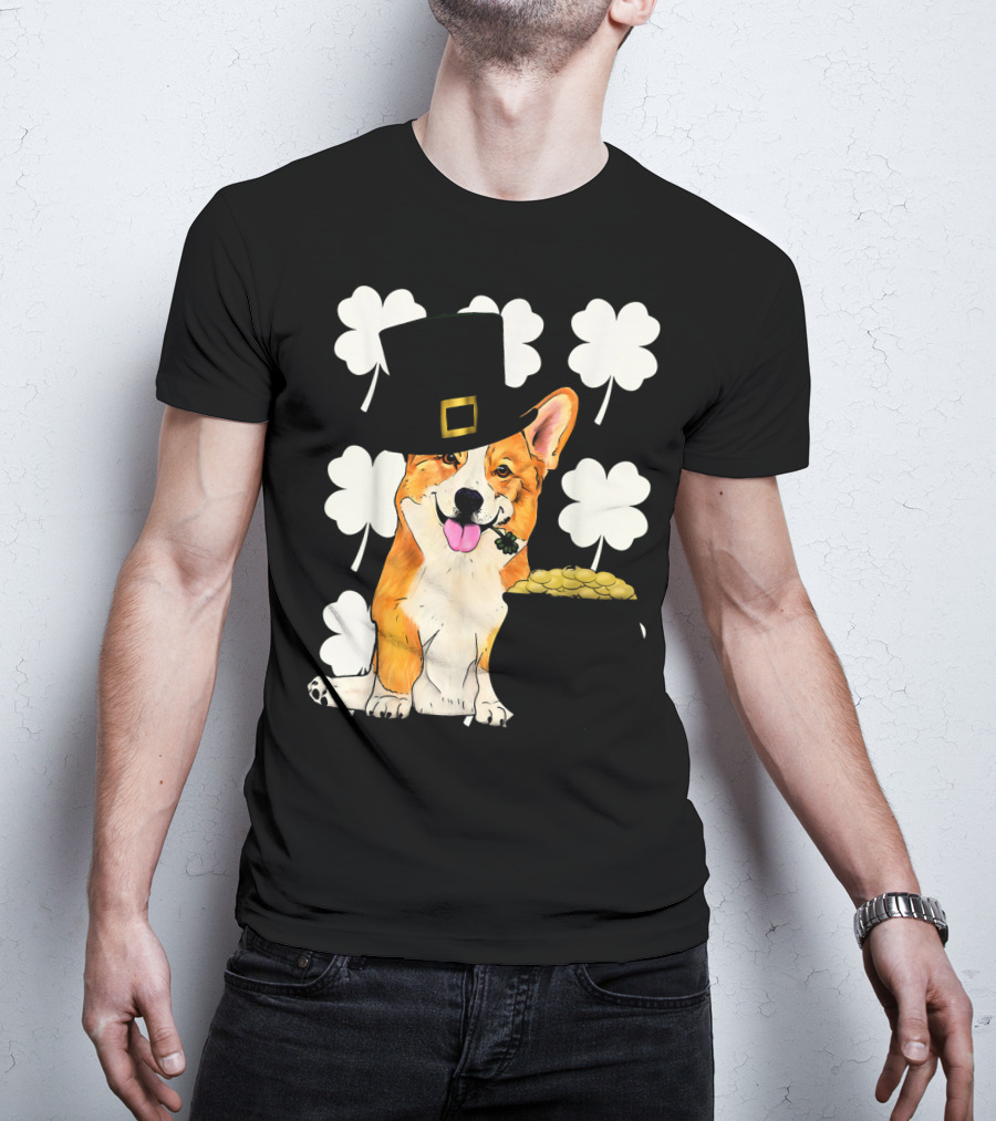 Irish Corgi St. Patricks Day Clover Leprechaun Hat And Pot Of Gold T-Shirt