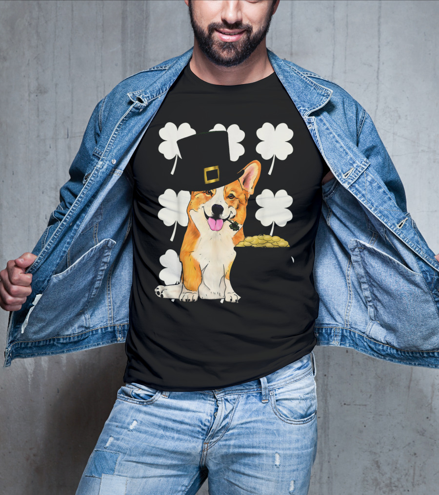 Irish Corgi St. Patricks Day Clover Leprechaun Hat And Pot Of Gold T-Shirt