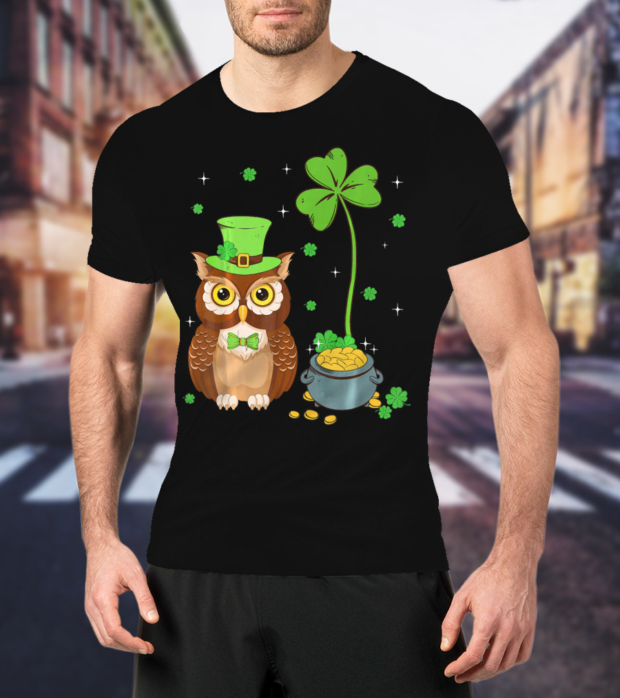 Shamrock Leprechaun Owl Pot Of Gold T-Shirt