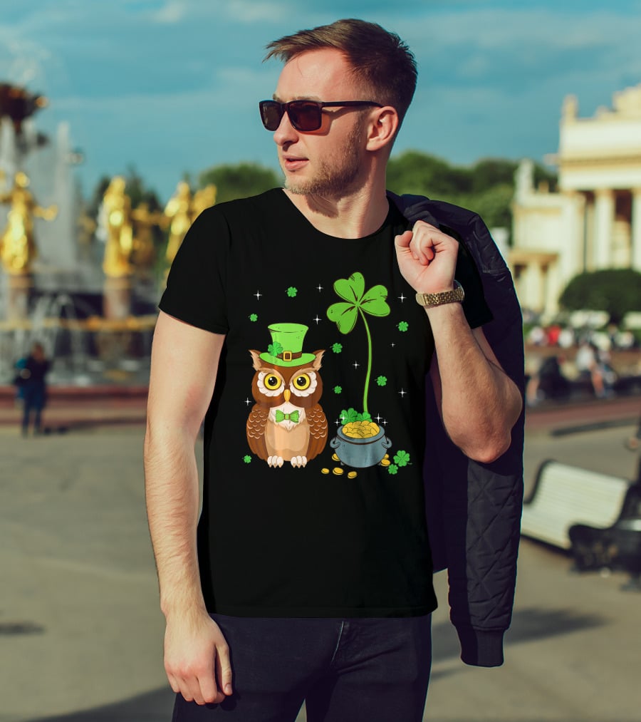 Shamrock Leprechaun Owl Pot Of Gold T-Shirt