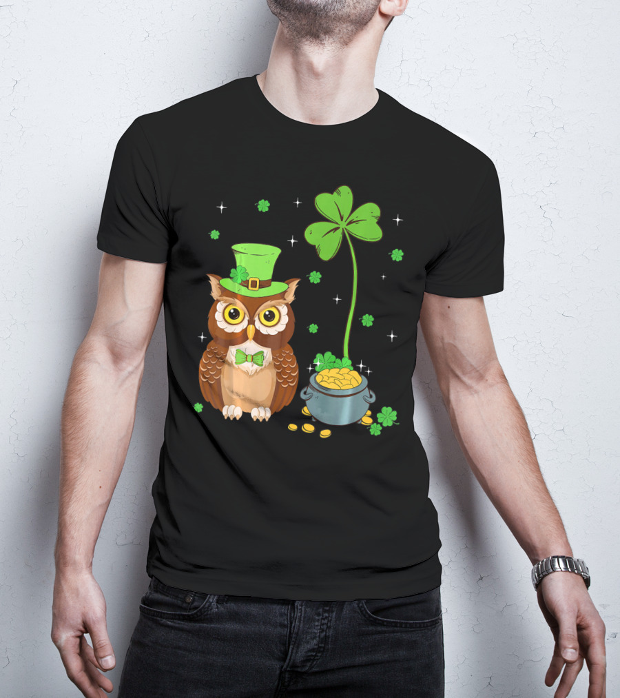 Shamrock Leprechaun Owl Pot Of Gold T-Shirt