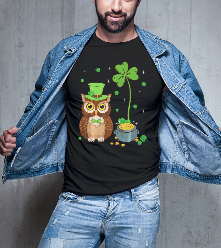Shamrock Leprechaun Owl Pot Of Gold T-Shirt