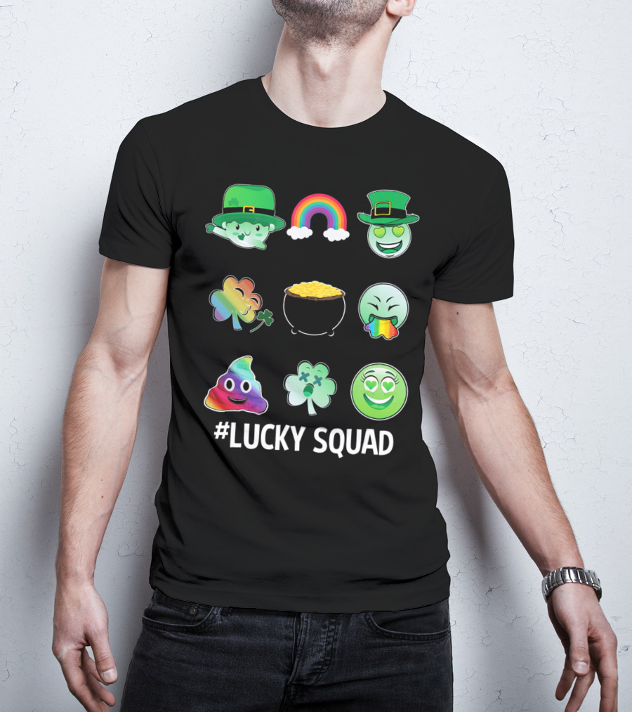 Lucky Squad St. Patricks Day Emoji Rainbow Clover Pot Of Gold T-Shirt