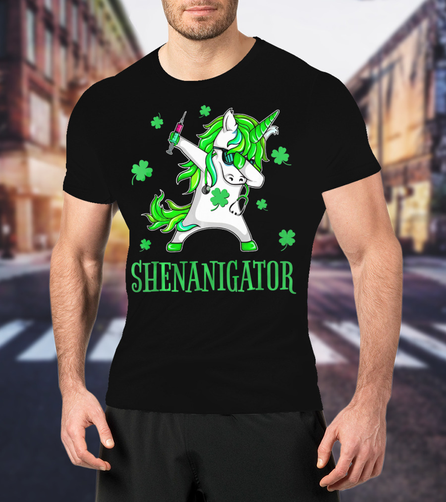 Unicorn Dabbing Shenanigator With Shamrocks And Syringe T-Shirt