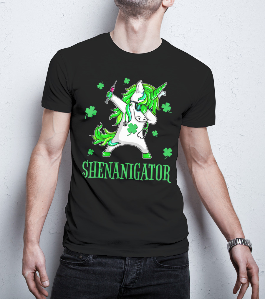 Unicorn Dabbing Shenanigator With Shamrocks And Syringe T-Shirt