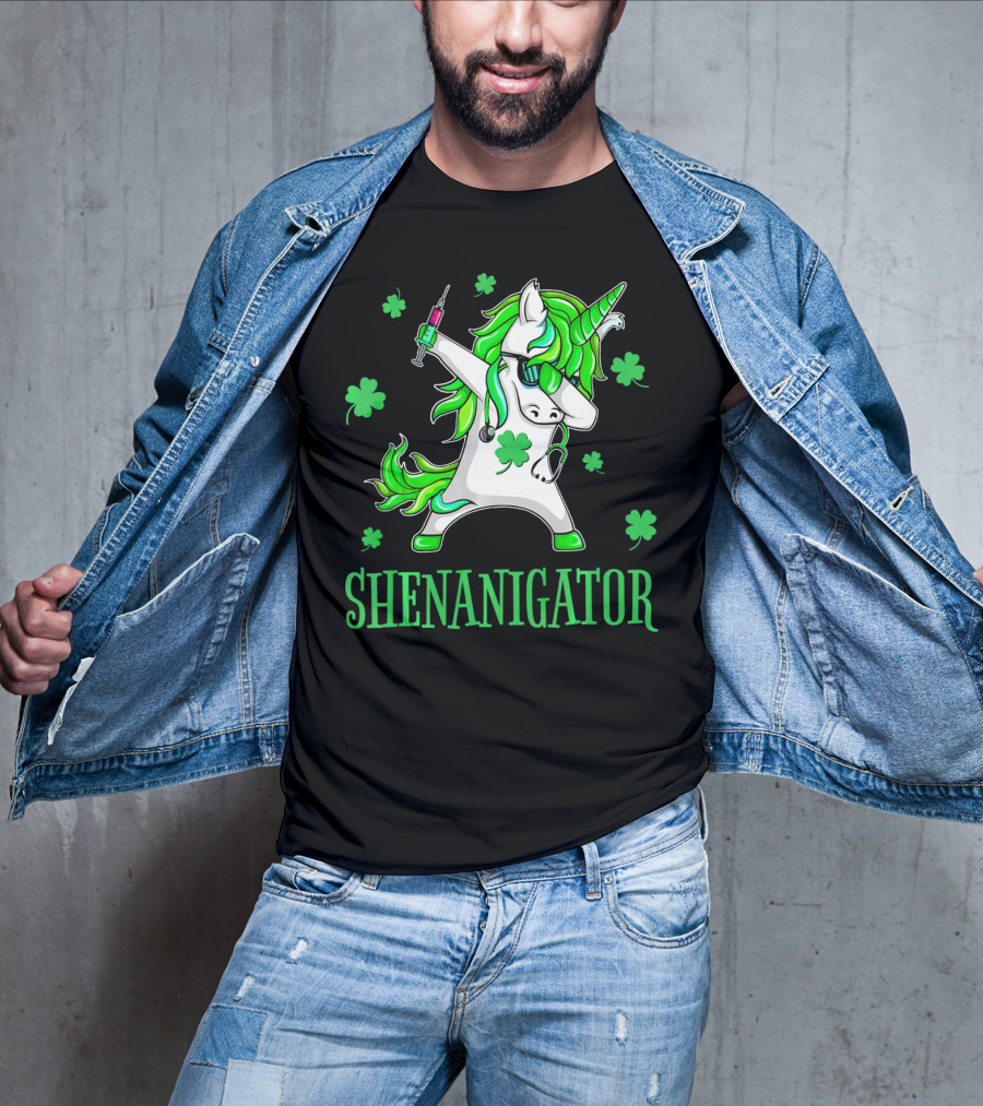 Unicorn Dabbing Shenanigator With Shamrocks And Syringe T-Shirt