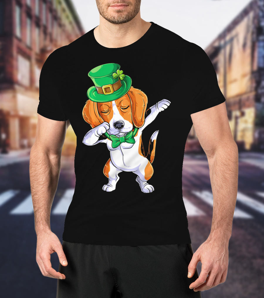 Dabbing Beagle St Patricks Day Boys Leprechaun Hat Bow Tie Shamrock T-Shirt