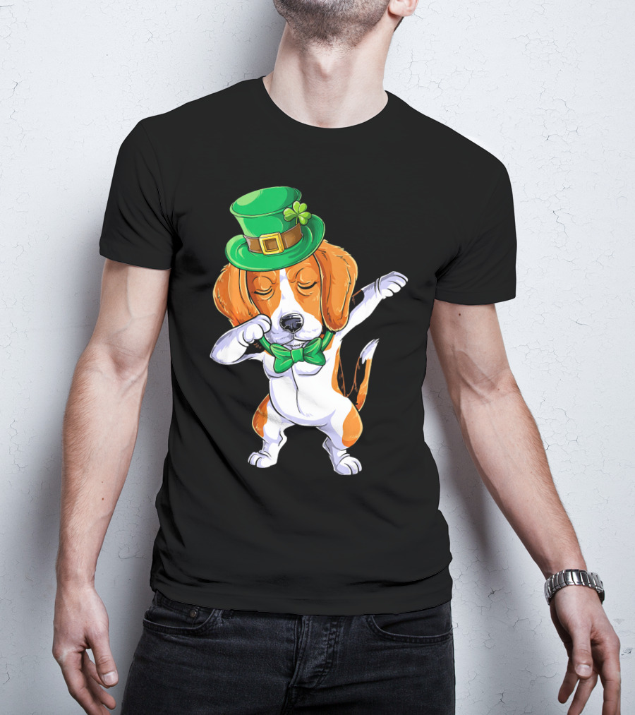 Dabbing Beagle St Patricks Day Boys Leprechaun Hat Bow Tie Shamrock T-Shirt