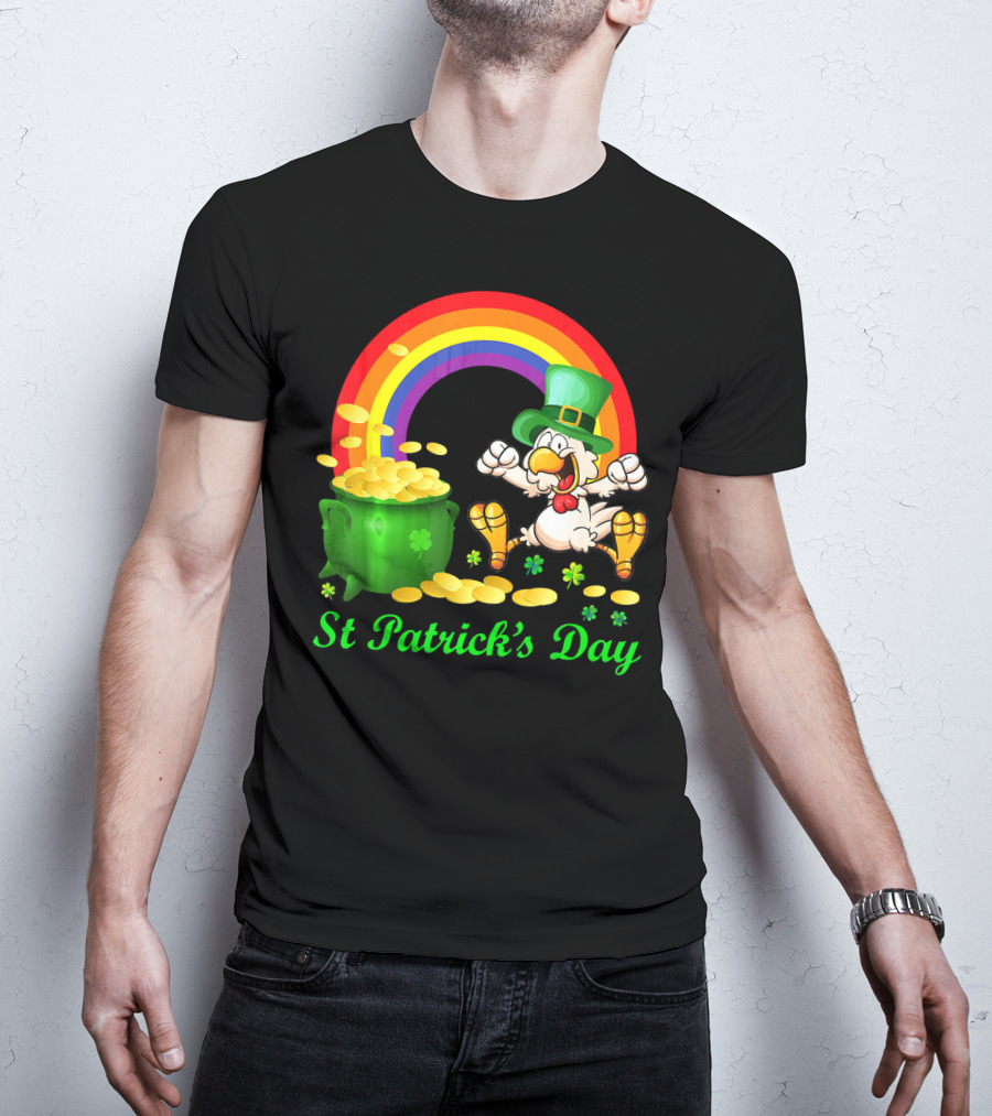 St Patrick's Day Chicken Leprechaun With Pot Of Gold And Rainbow T-Shirt