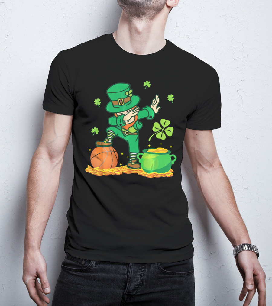 Leprechaun Dab With Basketball And Pot Of Gold Filled With Coins And Shamrocks T-Shirt