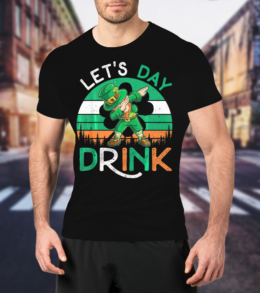 Let's Day Drink Leprechaun Dabbing Shamrock Ireland Flag T-Shirt