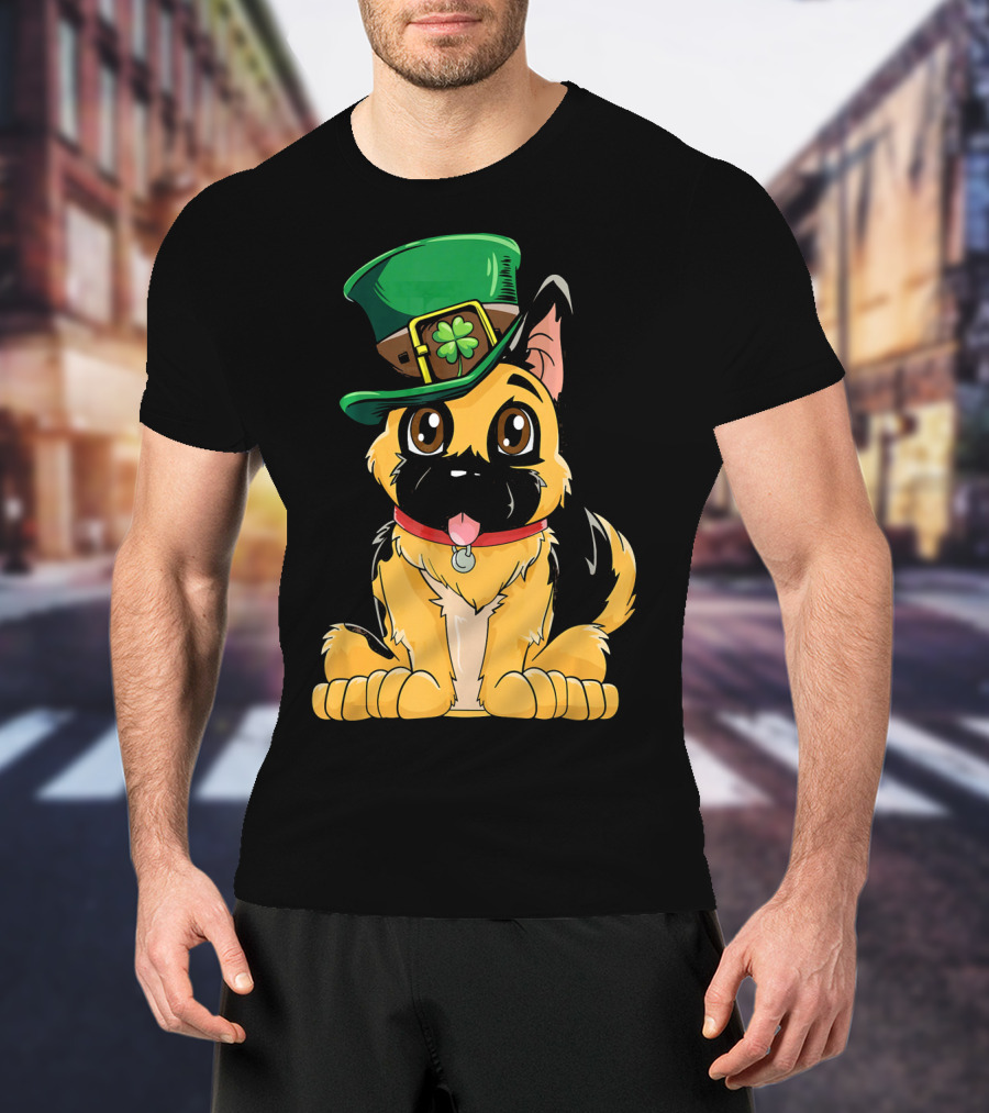 German Shepherd Wearing Leprechaun Hat With Clover T-Shirt