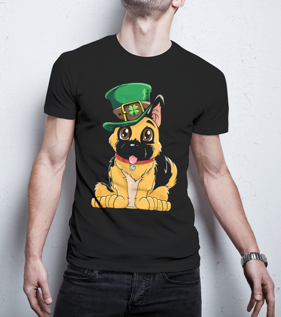 German Shepherd Wearing Leprechaun Hat With Clover T-Shirt