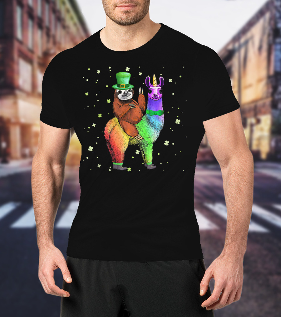 St. Patrick's Day Sloth With Green Hat On Rainbow Unicorn Llama T-Shirt