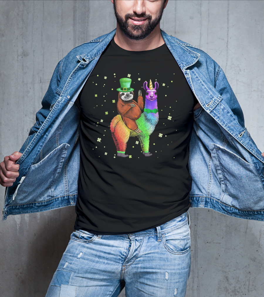 St. Patrick's Day Sloth With Green Hat On Rainbow Unicorn Llama T-Shirt