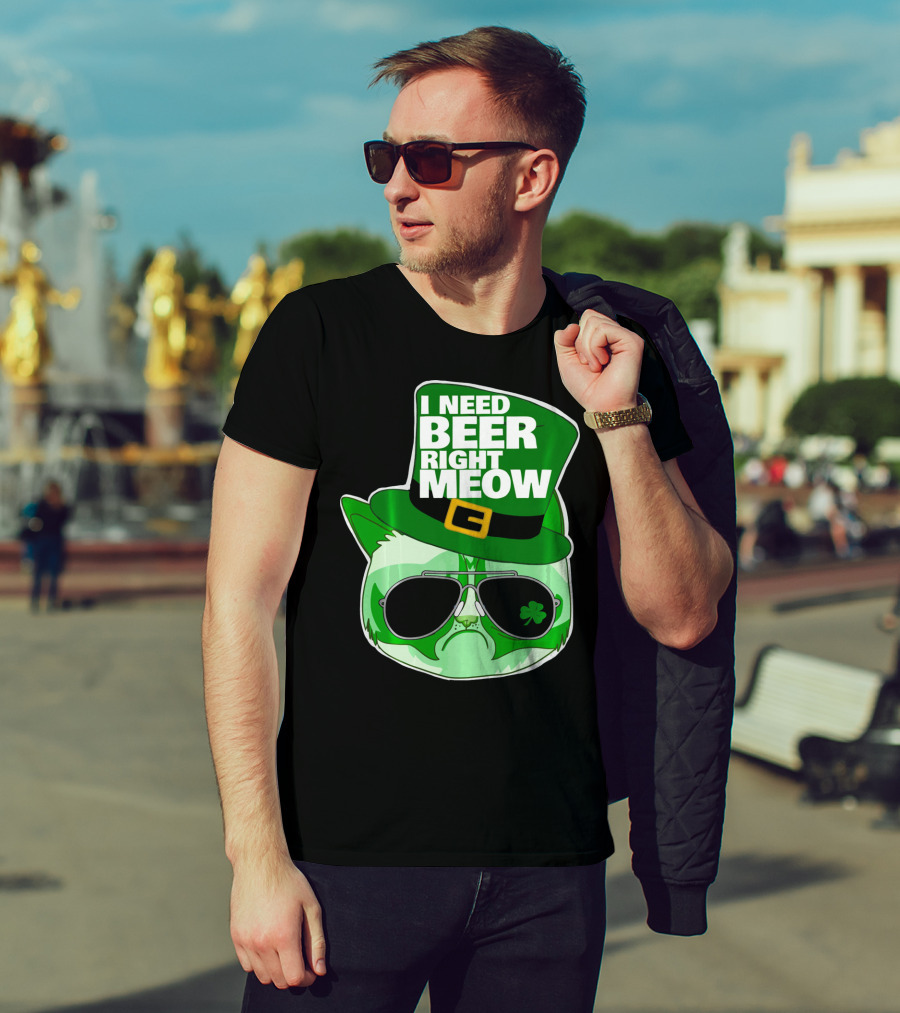 I Need Beer Right Meow Funny St Patricks Day Cat With Green Leprechaun Hat And Sunglasses T-Shirt