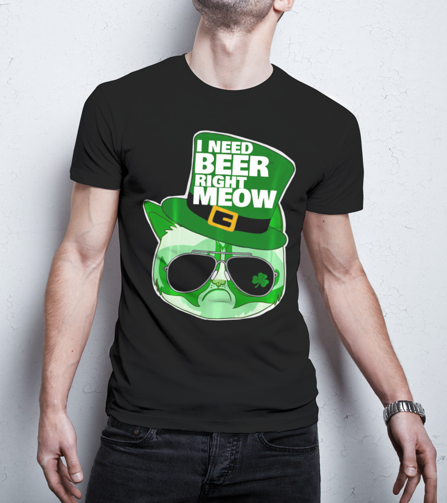 I Need Beer Right Meow Funny St Patricks Day Cat With Green Leprechaun Hat And Sunglasses T-Shirt