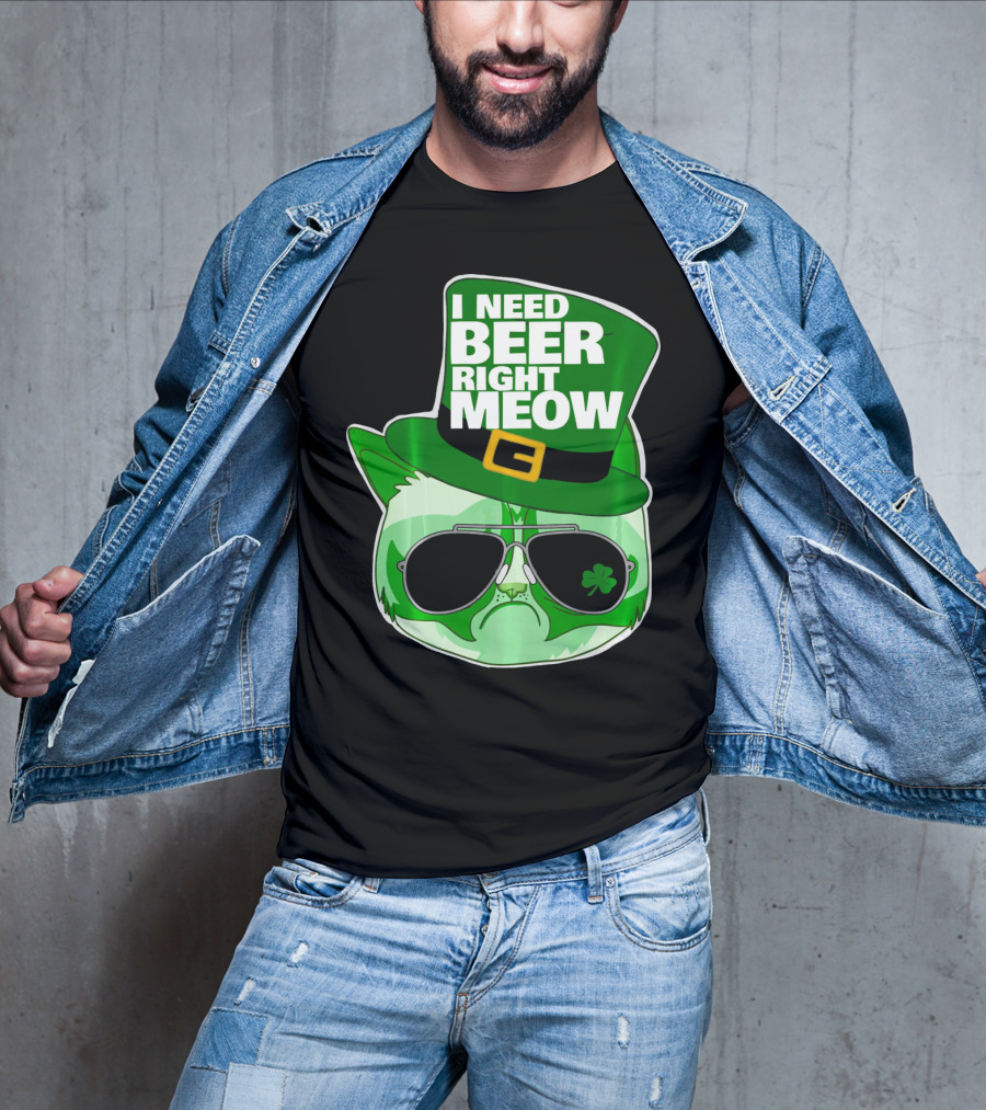 I Need Beer Right Meow Funny St Patricks Day Cat With Green Leprechaun Hat And Sunglasses T-Shirt