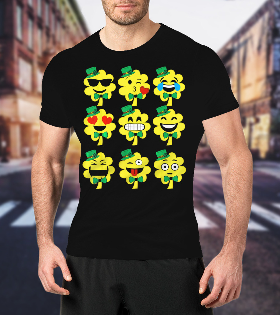 St Patricks Day Kids Emoji Shamrock Faces With Top Hats And Bowties T-Shirt