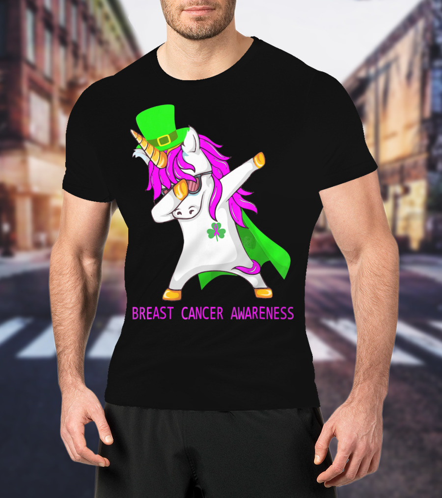 Unicorn Breast Cancer Awareness Dabbing With Green Hat And Clover Patrick T-Shirt