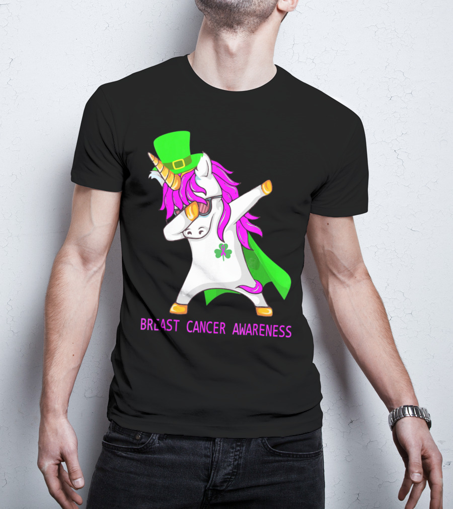 Unicorn Breast Cancer Awareness Dabbing With Green Hat And Clover Patrick T-Shirt