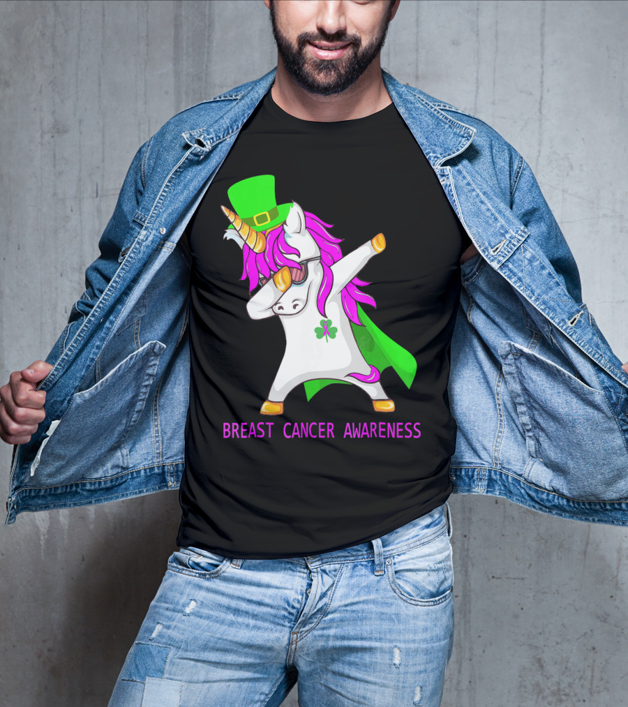 Unicorn Breast Cancer Awareness Dabbing With Green Hat And Clover Patrick T-Shirt