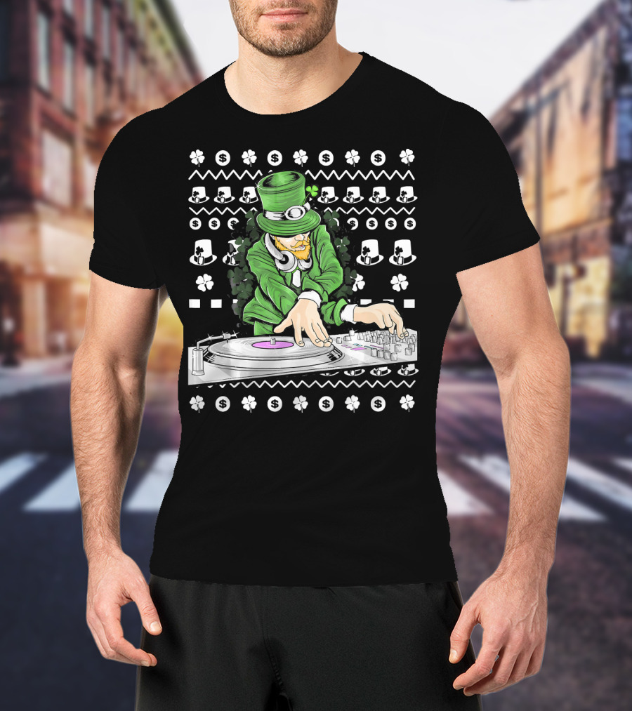 Leprechaun DJ Mixing With Shamrocks And Top Hats T-Shirt