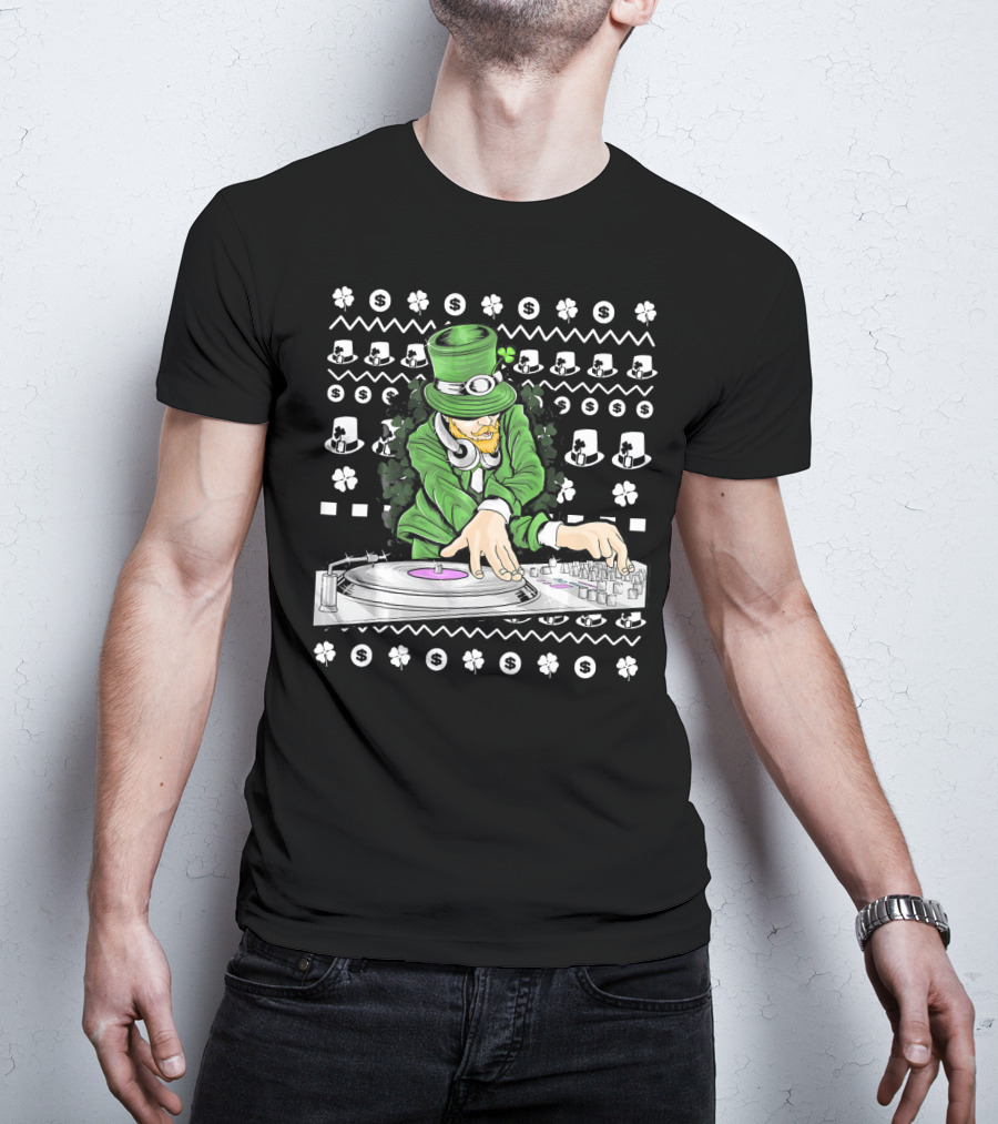 Leprechaun DJ Mixing With Shamrocks And Top Hats T-Shirt