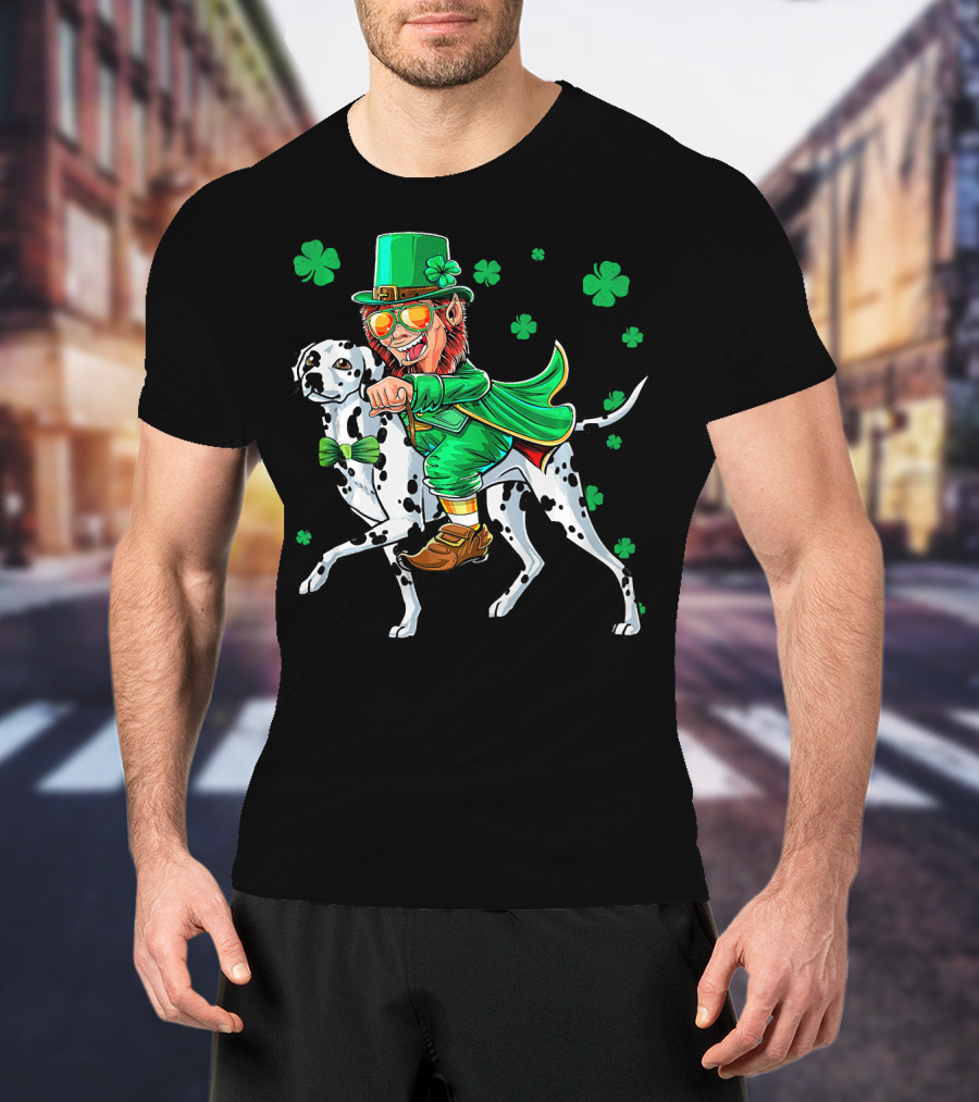 Leprechaun Riding Dalmatian With Shamrocks St. Patrick's Day T-Shirt