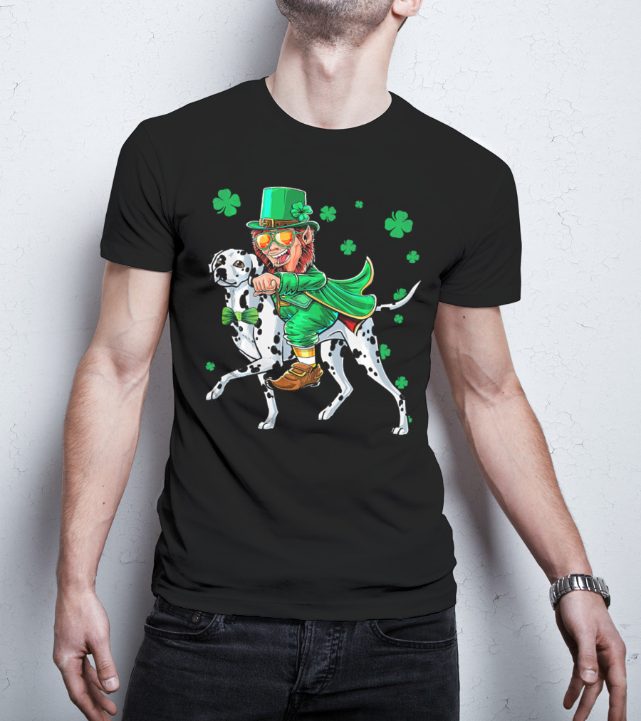 Leprechaun Riding Dalmatian With Shamrocks St. Patrick's Day T-Shirt