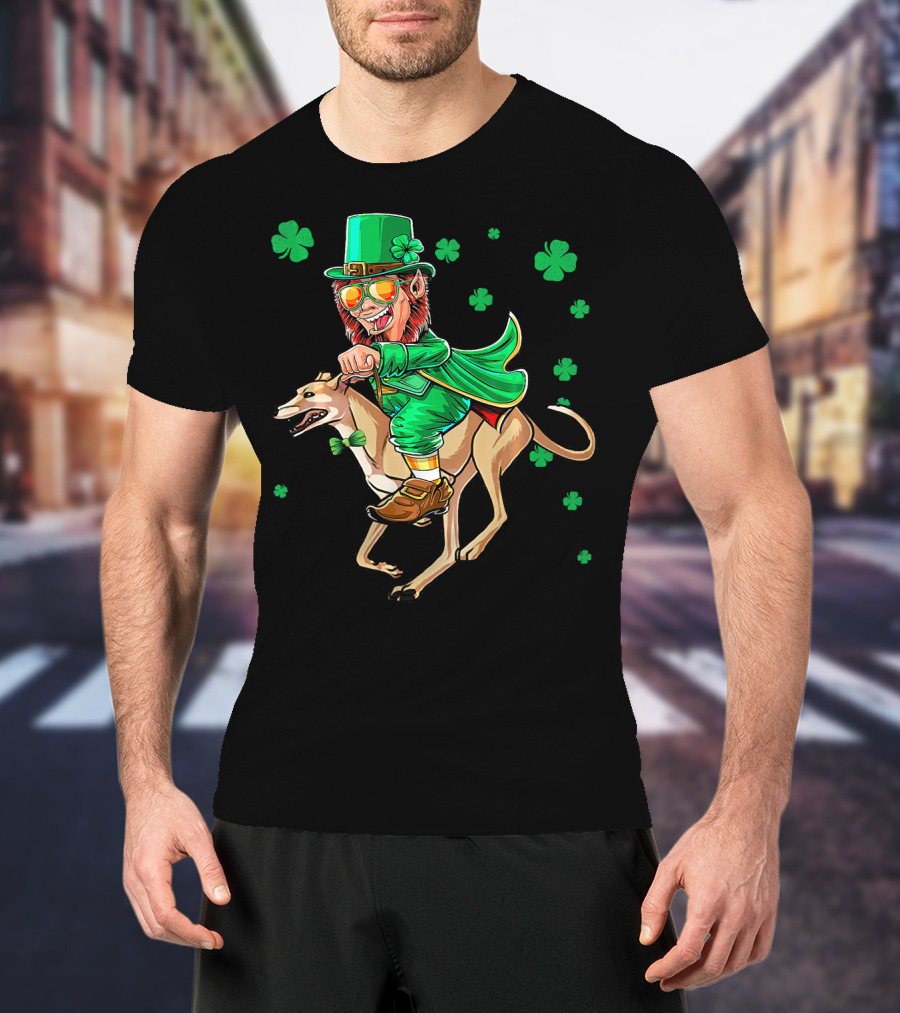 Leprechaun Riding Greyhound With Shamrocks St. Patrick's Day T-Shirt