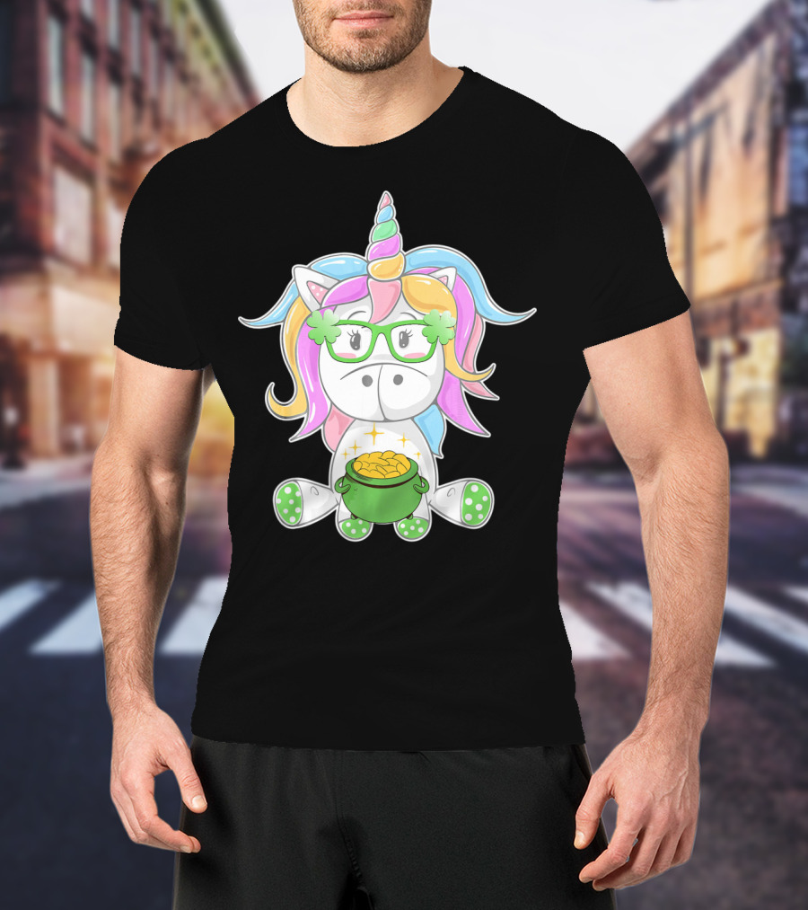 Unicorn Face Saint Patricks Day Shamrock Glasses Pot Of Gold T-Shirt