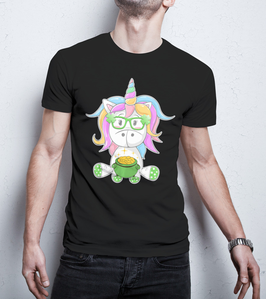 Unicorn Face Saint Patricks Day Shamrock Glasses Pot Of Gold T-Shirt
