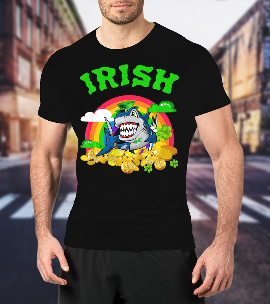 Irish Shark Funny St Patricks Day Leprechaun Rainbow Coins T-Shirt