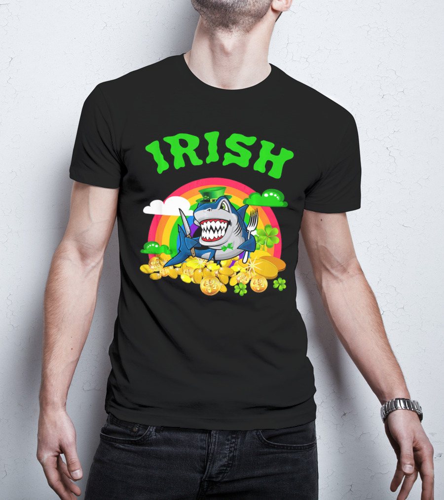 Irish Shark Funny St Patricks Day Leprechaun Rainbow Coins T-Shirt