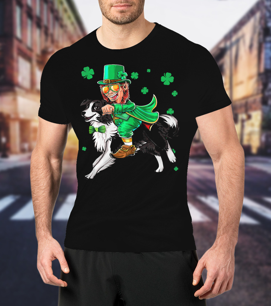 Leprechaun Riding Border Collie With Shamrocks T-Shirt