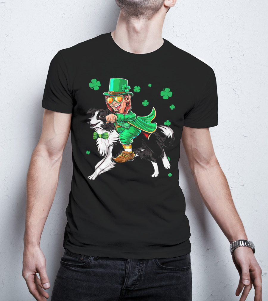 Leprechaun Riding Border Collie With Shamrocks T-Shirt