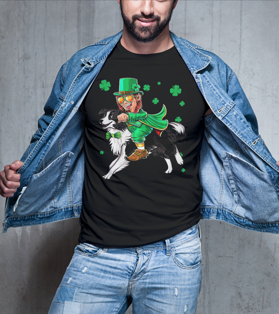 Leprechaun Riding Border Collie With Shamrocks T-Shirt