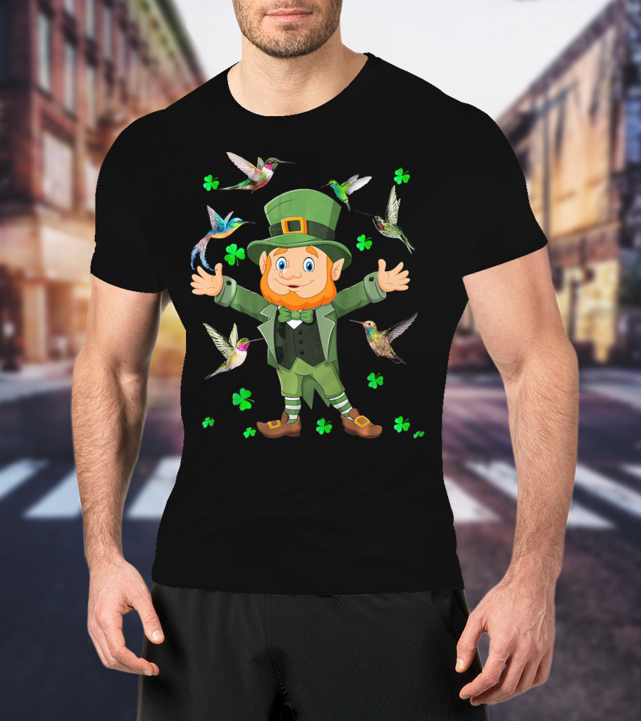 St Patricks Day Leprechaun With Hummingbirds And Shamrocks T-Shirt