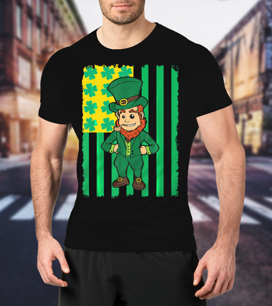 Irish American Leprechaun With Clover Flag T-Shirt