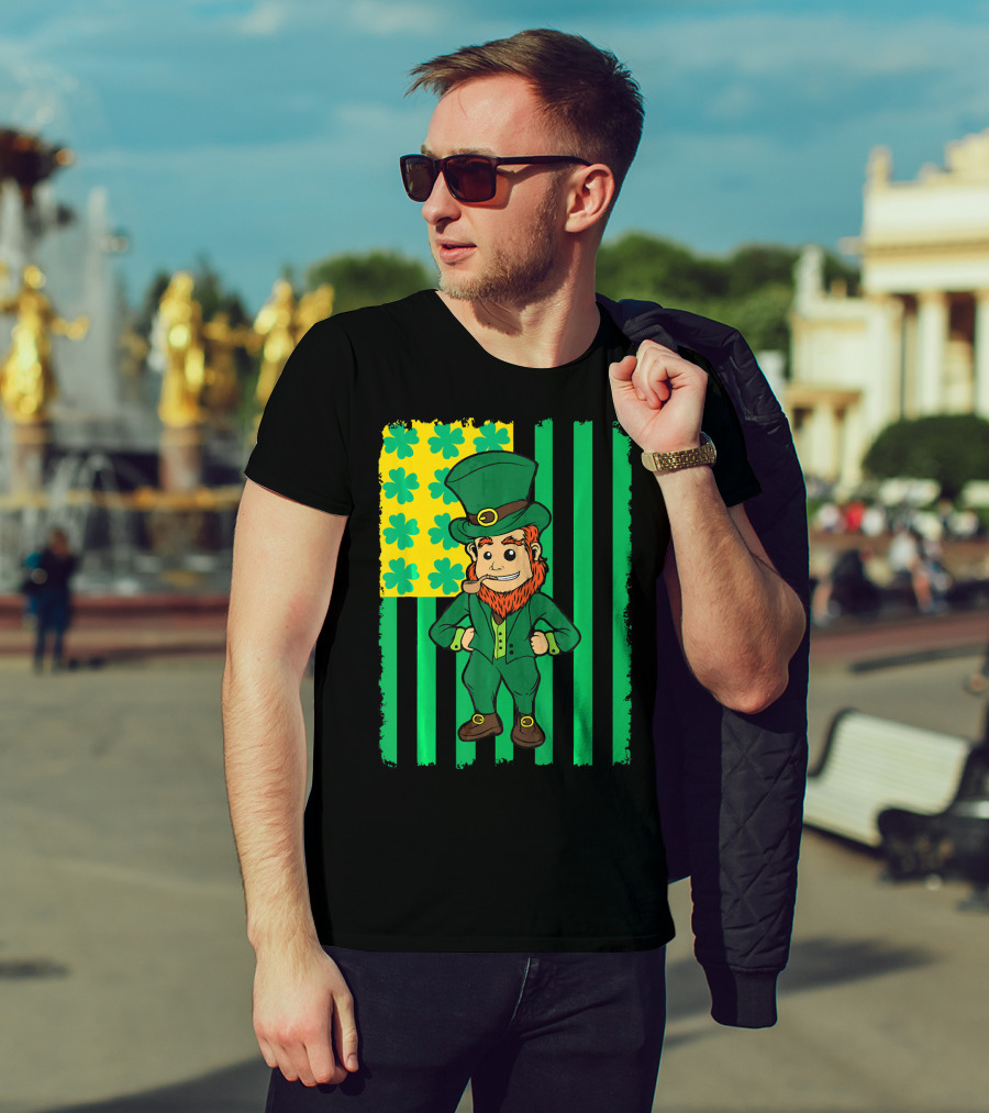 Irish American Leprechaun With Clover Flag T-Shirt